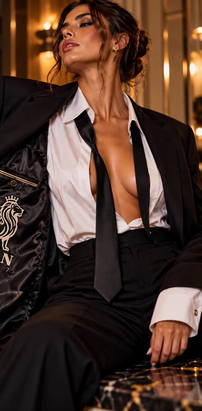 Campagne ASLAN 1967 : une femme porte le costume noir et la chemise blanche de la Maison.