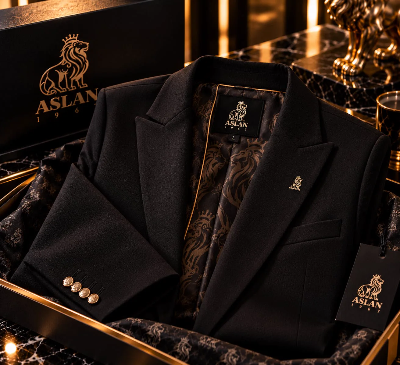 Le coffret ASLAN 1967 : écrin noir au lion doré, veste posée sur un papier de soie aux lions.